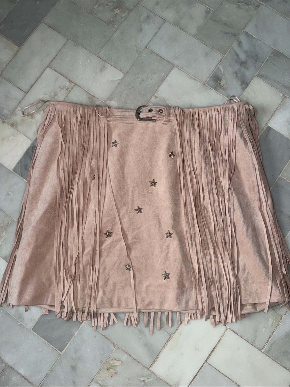 Kittenish Dusty Pink Fringe Mini Skirt with Star Studs